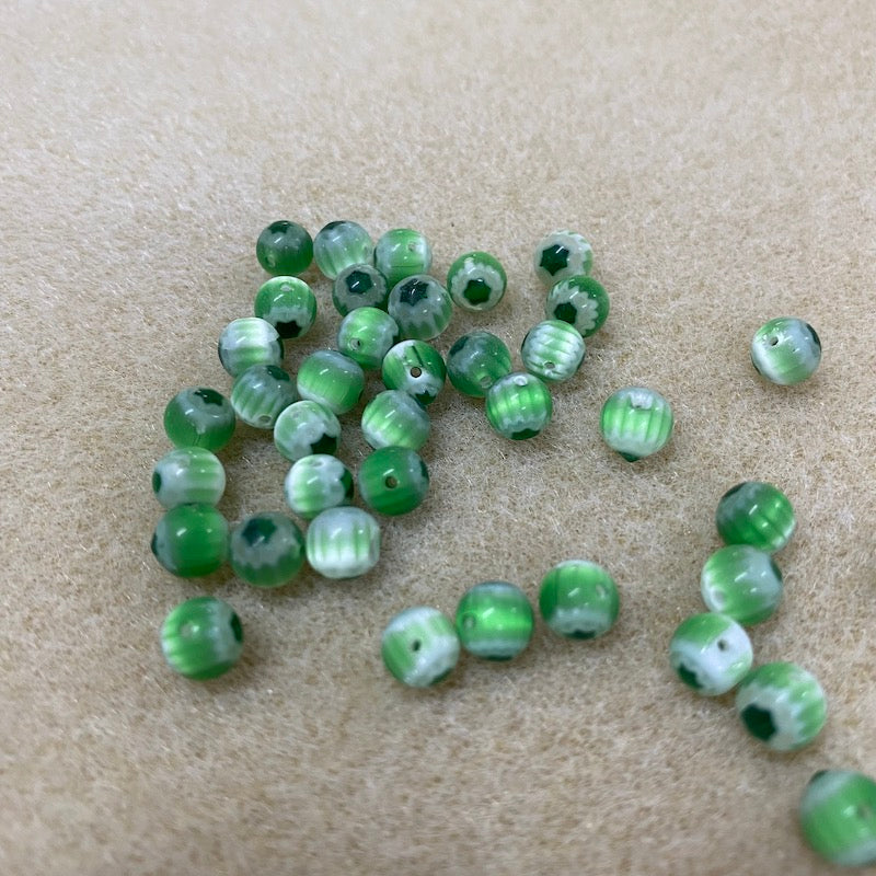 6mm Cross Drilled Round (25) - Lt Green & Dk Green- Vintage Chevron Glass Beads