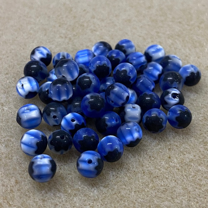 6mm Cross Drilled Round (25) - Blue & Black - Vintage Chevron Glass Beads