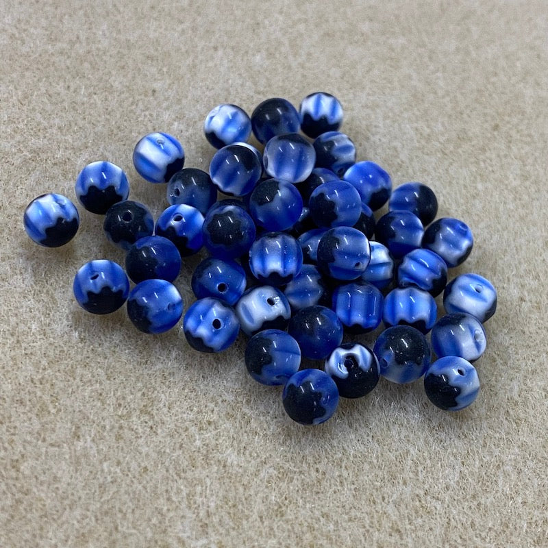 6mm Cross Drilled Round (25) - Blue & Black - Vintage Chevron Glass Beads