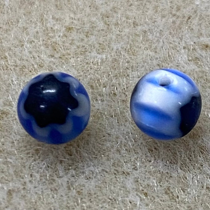6mm Cross Drilled Round (25) - Blue & Black - Vintage Chevron Glass Beads