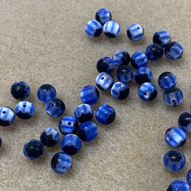 6mm Cross Drilled Round (25) - Blue & Black - Vintage Chevron Glass Beads