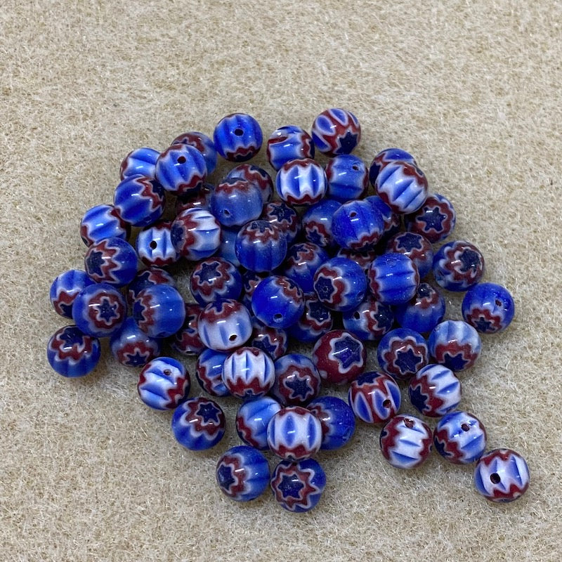 6mm Cross Drilled Round (25) - Blue, Red & White - Vintage Chevron Glass Beads