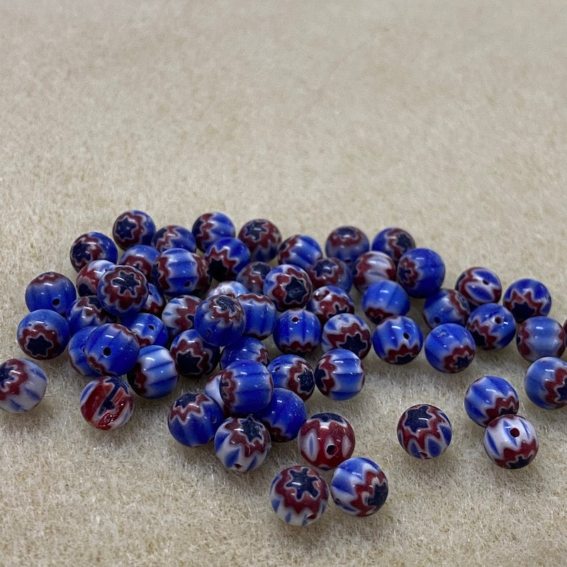 6mm Cross Drilled Round (25) - Blue, Red & White - Vintage Chevron Glass Beads