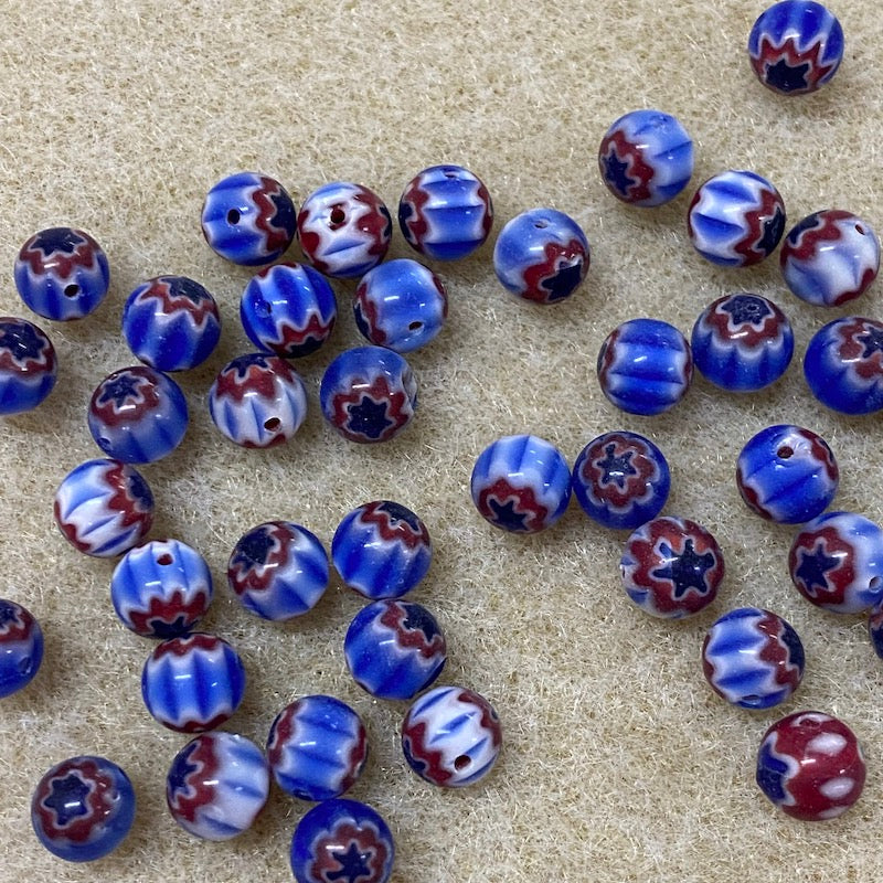 6mm Cross Drilled Round (25) - Blue, Red & White - Vintage Chevron Glass Beads