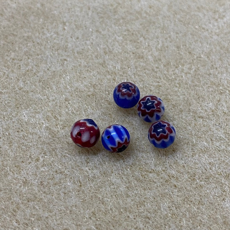 6mm Cross Drilled Round (25) - Blue, Red & White - Vintage Chevron Glass Beads