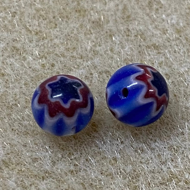 6mm Cross Drilled Round (25) - Blue, Red & White - Vintage Chevron Glass Beads