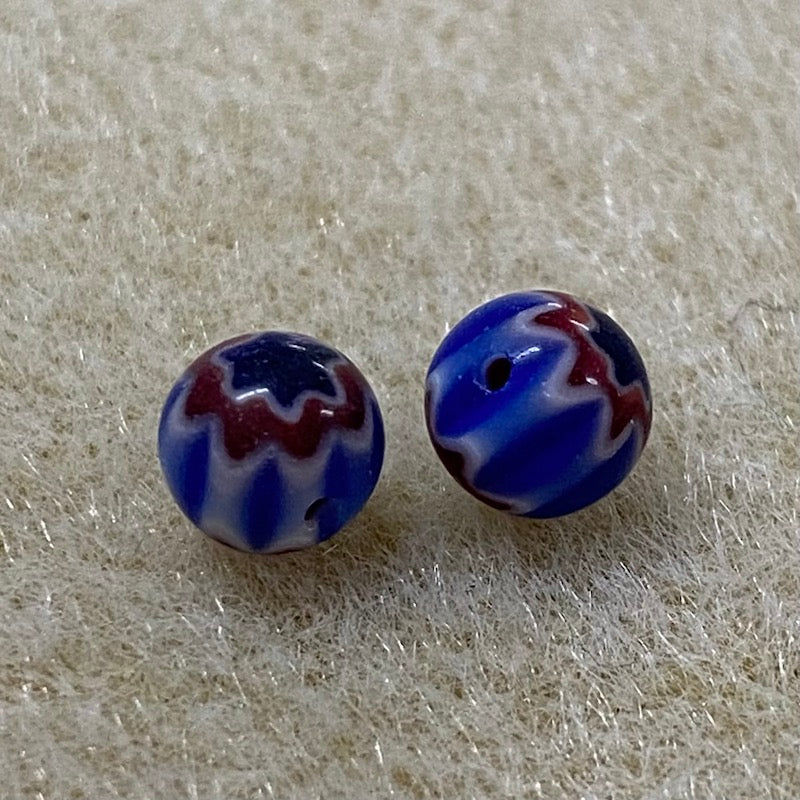 6mm Cross Drilled Round (25) - Blue, Red & White - Vintage Chevron Glass Beads
