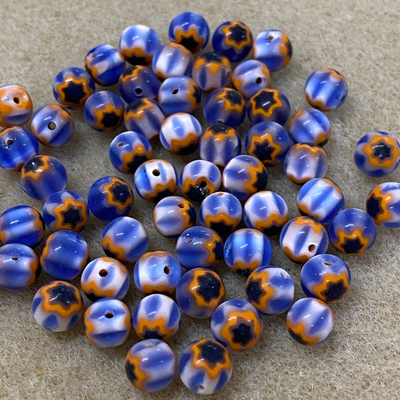 6mm Cross Drilled Round (25) - Blue & Orange - Vintage Chevron Glass Beads