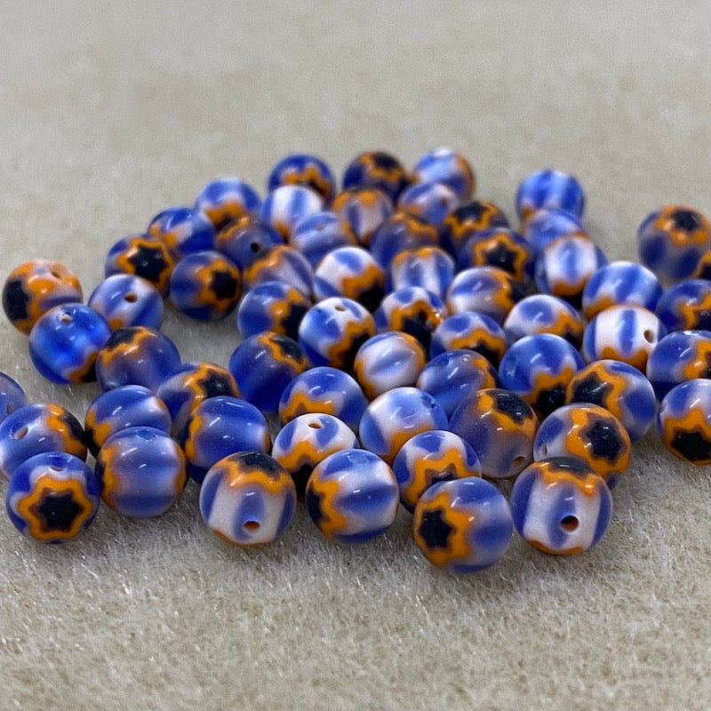 6mm Cross Drilled Round (25) - Blue & Orange - Vintage Chevron Glass Beads
