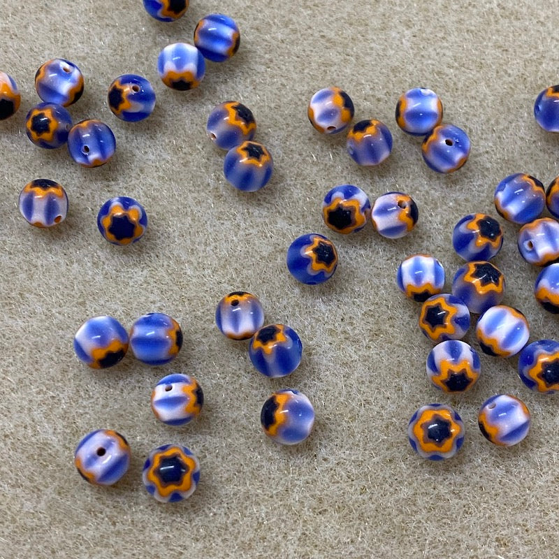 6mm Cross Drilled Round (25) - Blue & Orange - Vintage Chevron Glass Beads