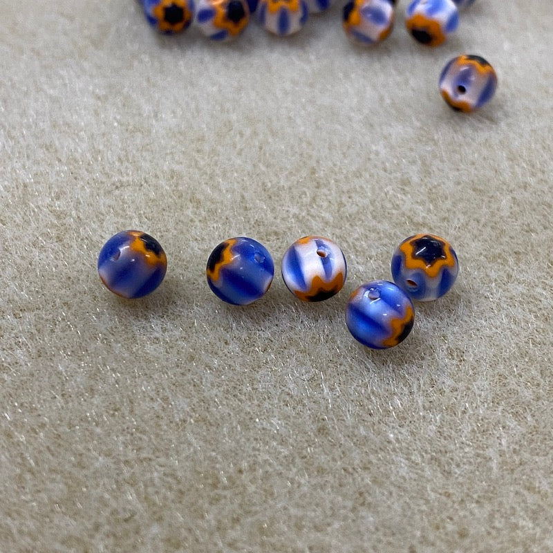 6mm Cross Drilled Round (25) - Blue & Orange - Vintage Chevron Glass Beads