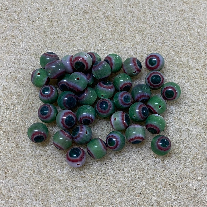 6mm Cross Drilled Round (25) - Green & Red - Vintage Chevron Glass Beads