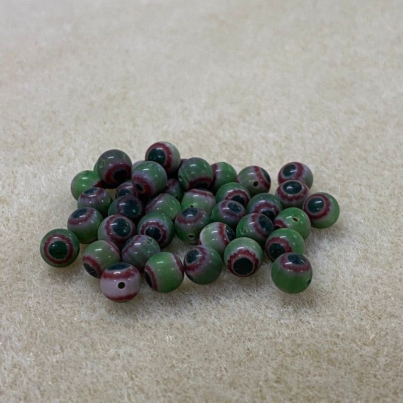 6mm Cross Drilled Round (25) - Green & Red - Vintage Chevron Glass Beads
