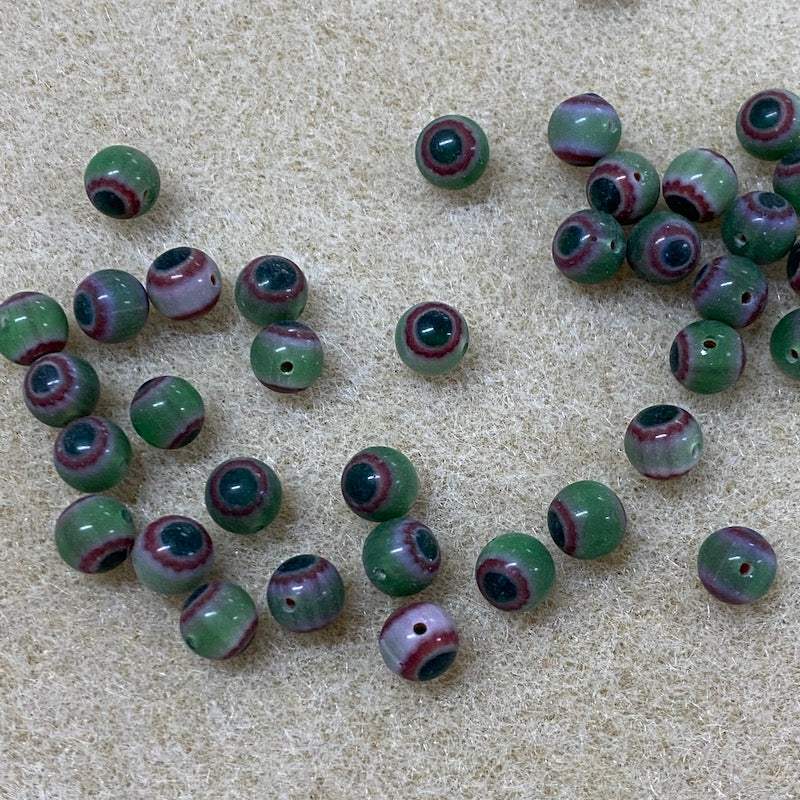 6mm Cross Drilled Round (25) - Green & Red - Vintage Chevron Glass Beads