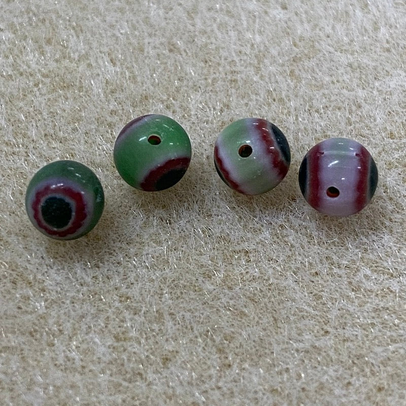 6mm Cross Drilled Round (25) - Green & Red - Vintage Chevron Glass Beads