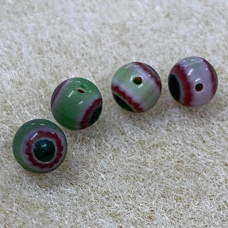 6mm Cross Drilled Round (25) - Green & Red - Vintage Chevron Glass Beads