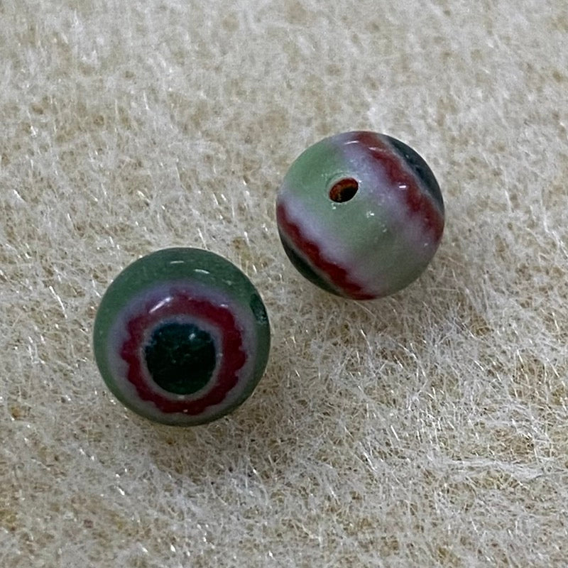 6mm Cross Drilled Round (25) - Green & Red - Vintage Chevron Glass Beads