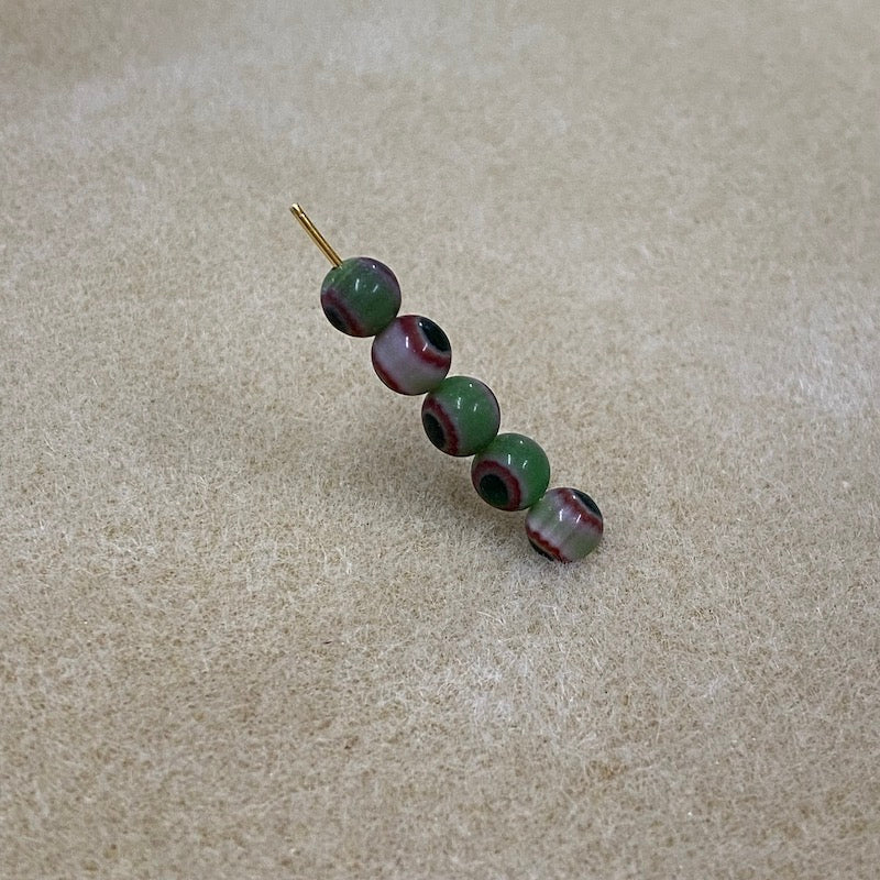 6mm Cross Drilled Round (25) - Green & Red - Vintage Chevron Glass Beads