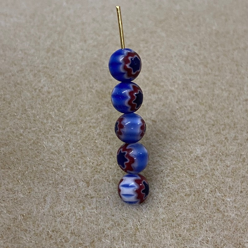 6mm Cross Drilled Round (25) - Blue, Red & White - Vintage Chevron Glass Beads
