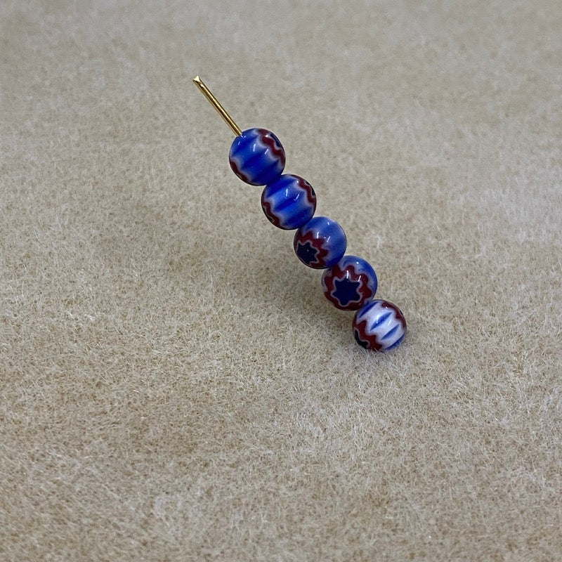 6mm Cross Drilled Round (25) - Blue, Red & White - Vintage Chevron Glass Beads