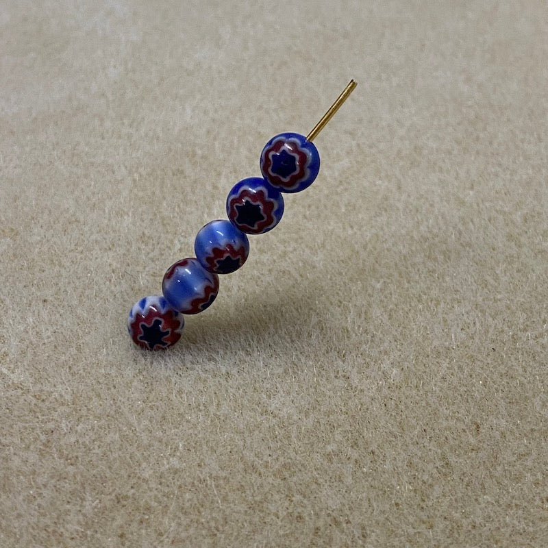 6mm Cross Drilled Round (25) - Blue, Red & White - Vintage Chevron Glass Beads