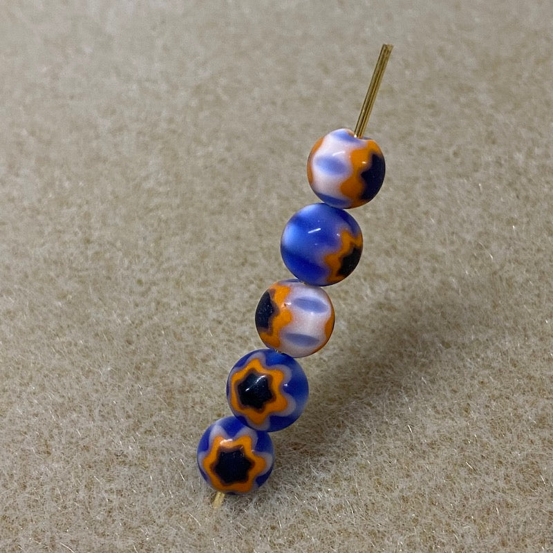 6mm Cross Drilled Round (25) - Blue & Orange - Vintage Chevron Glass Beads