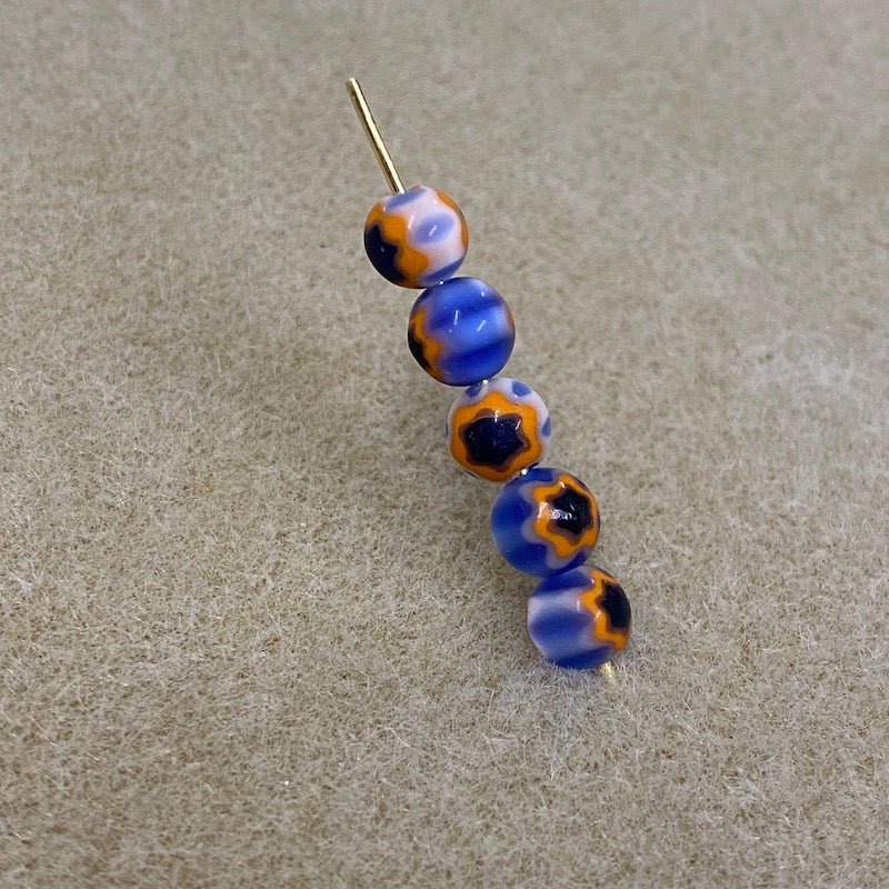 6mm Cross Drilled Round (25) - Blue & Orange - Vintage Chevron Glass Beads