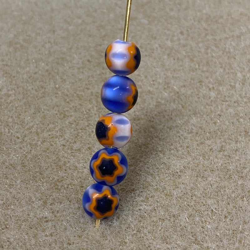 6mm Cross Drilled Round (25) - Blue & Orange - Vintage Chevron Glass Beads