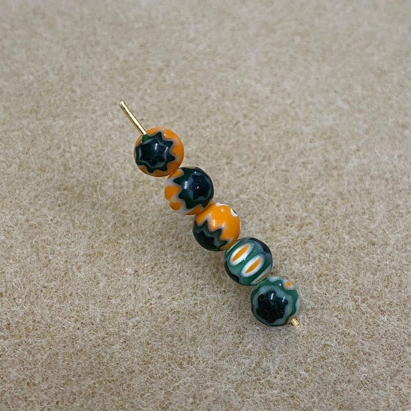 6mm Cross Drilled Round (25) - Orange & Green - Vintage Chevron Glass Beads