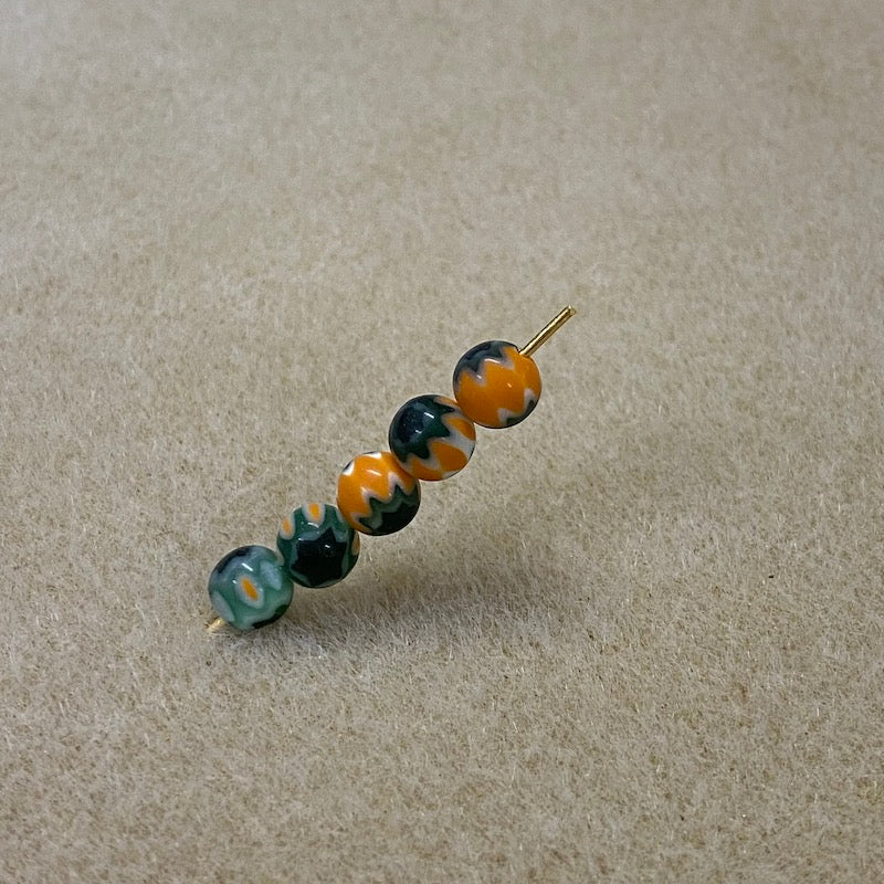 6mm Cross Drilled Round (25) - Orange & Green - Vintage Chevron Glass Beads