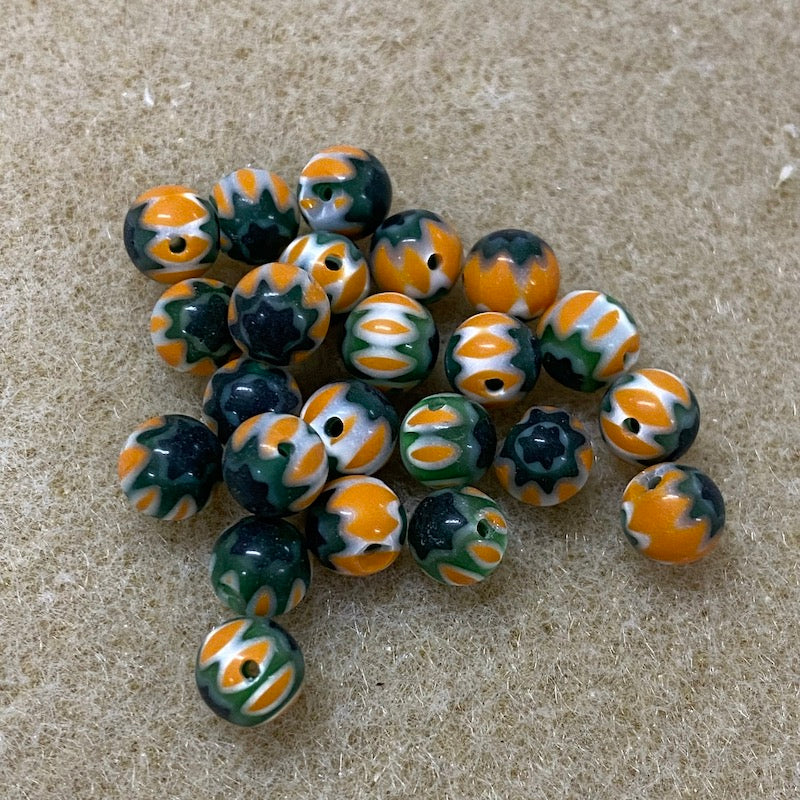 6mm Cross Drilled Round (25) - Orange & Green - Vintage Chevron Glass Beads