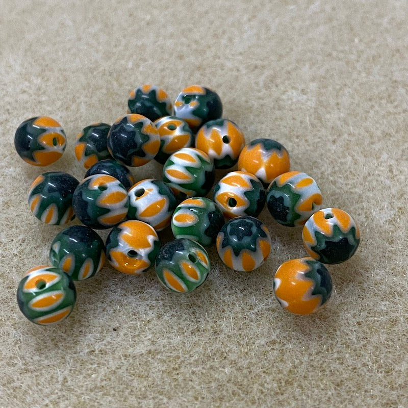 6mm Cross Drilled Round (25) - Orange & Green - Vintage Chevron Glass Beads