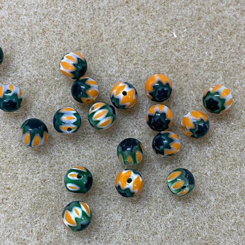 6mm Cross Drilled Round (25) - Orange & Green - Vintage Chevron Glass Beads