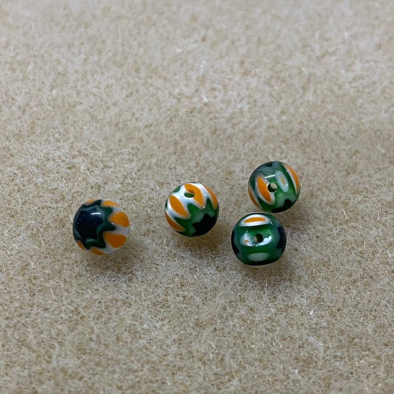 6mm Cross Drilled Round (25) - Orange & Green - Vintage Chevron Glass Beads
