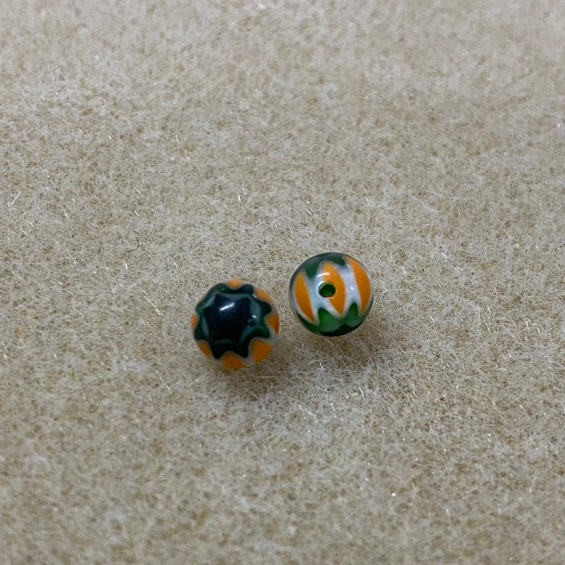 6mm Cross Drilled Round (25) - Orange & Green - Vintage Chevron Glass Beads