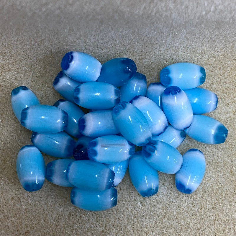 13x8~9mm Oval (10) - Aqua & White - Vintage Chevron Glass Beads