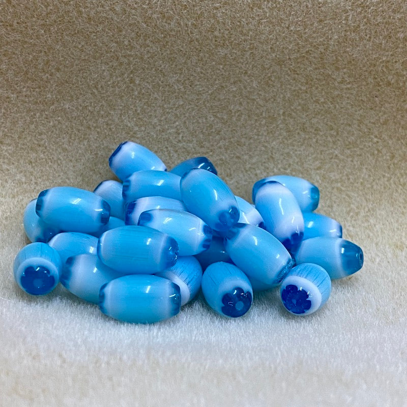13x8~9mm Oval (10) - Aqua & White - Vintage Chevron Glass Beads