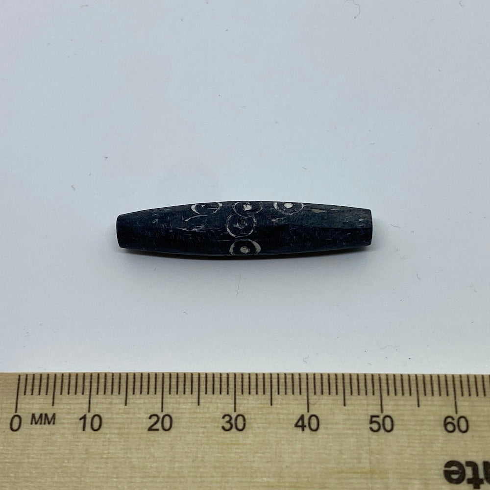 38x8mm Hair Pipe Bead (10) - Black Bone w. Carved Circles - Vintage Bone Beads