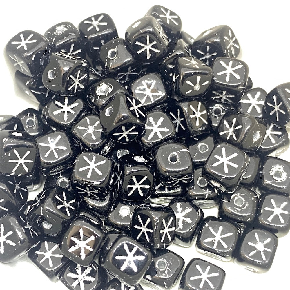 6mm Cube (25) - Black Opaque w. Silver - Vintage Czech Glass Beads
