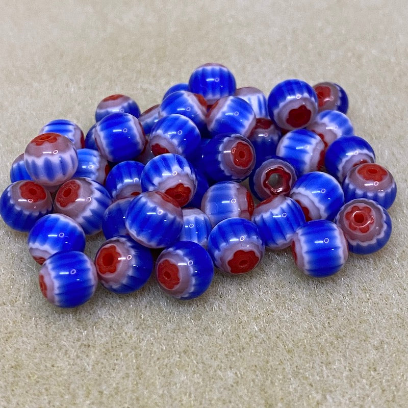 8mm Round (25) - Blue & Red - Vintage Chevron Glass Beads