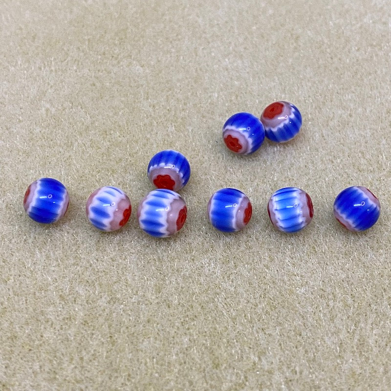 8mm Round (25) - Blue & Red - Vintage Chevron Glass Beads