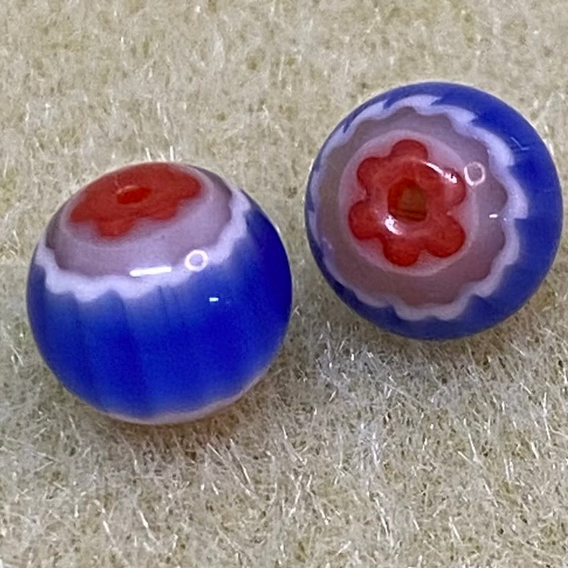 8mm Round (25) - Blue & Red - Vintage Chevron Glass Beads