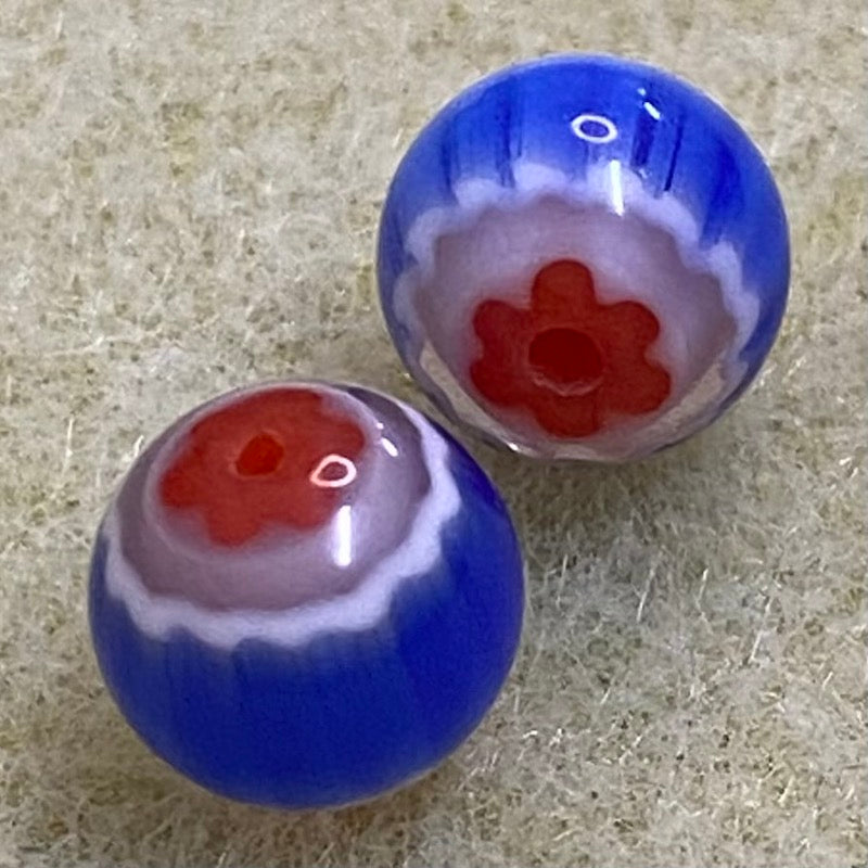 8mm Round (25) - Blue & Red - Vintage Chevron Glass Beads