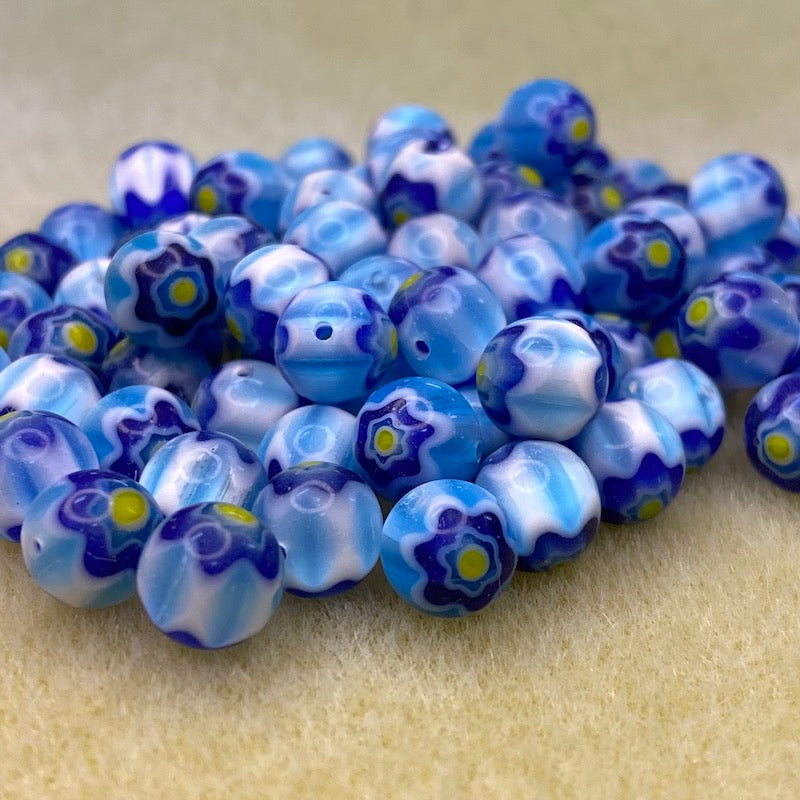8mm Round Cross Drilled (25) - Aqua, Blue & Yellow - Vintage Chevron Glass Beads
