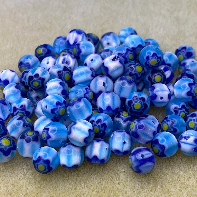 8mm Round Cross Drilled (25) - Aqua, Blue & Yellow - Vintage Chevron Glass Beads