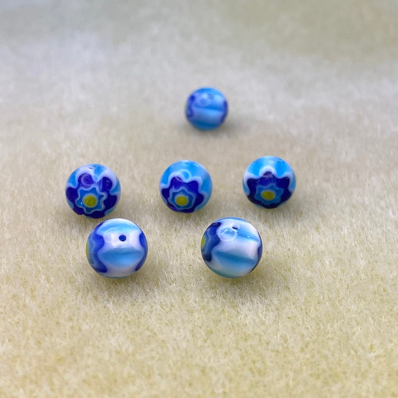 8mm Round Cross Drilled (25) - Aqua, Blue & Yellow - Vintage Chevron Glass Beads