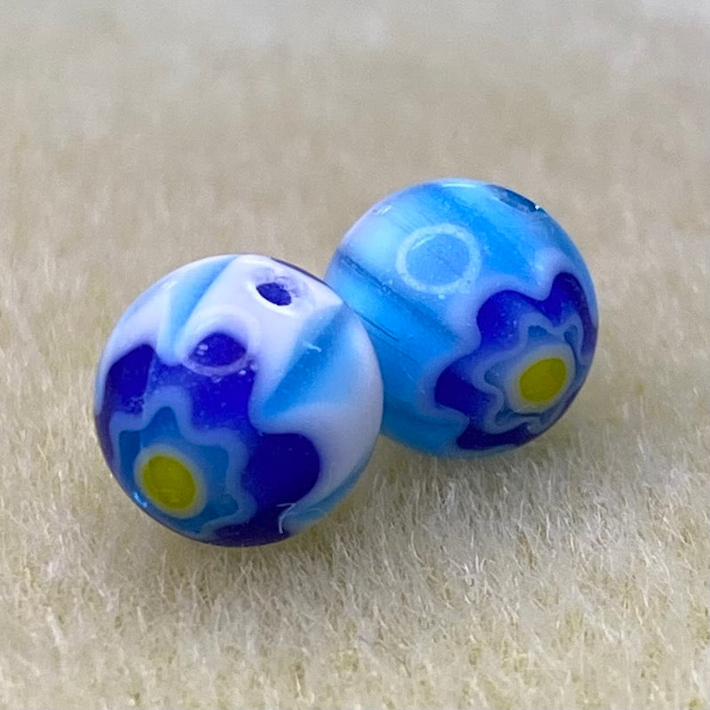 8mm Round Cross Drilled (25) - Aqua, Blue & Yellow - Vintage Chevron Glass Beads