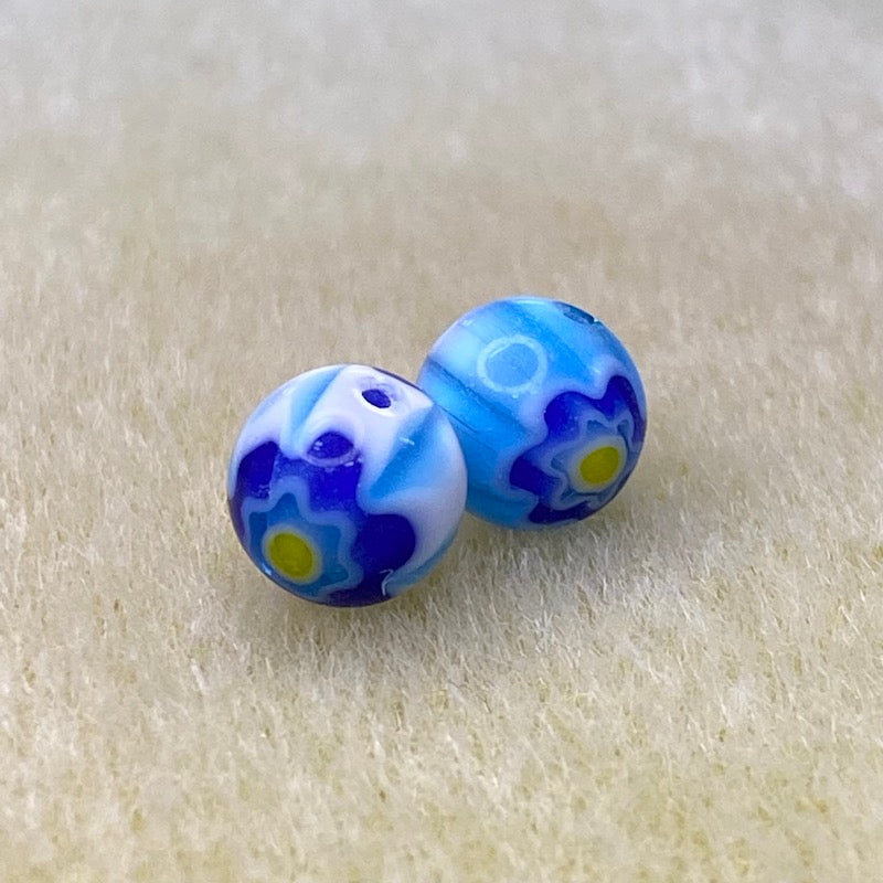 8mm Round Cross Drilled (25) - Aqua, Blue & Yellow - Vintage Chevron Glass Beads