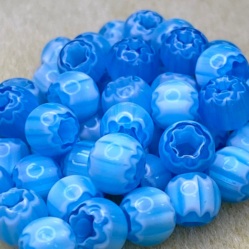 8mm Round (25) - Aqua & White - Vintage Chevron Glass Beads