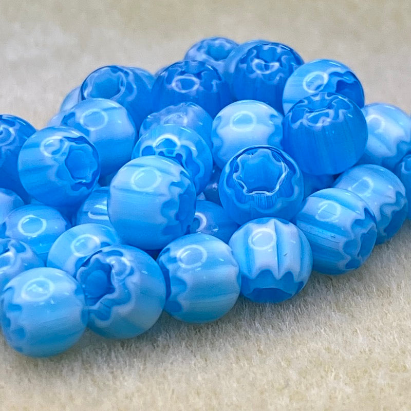 8mm Round (25) - Aqua & White - Vintage Chevron Glass Beads